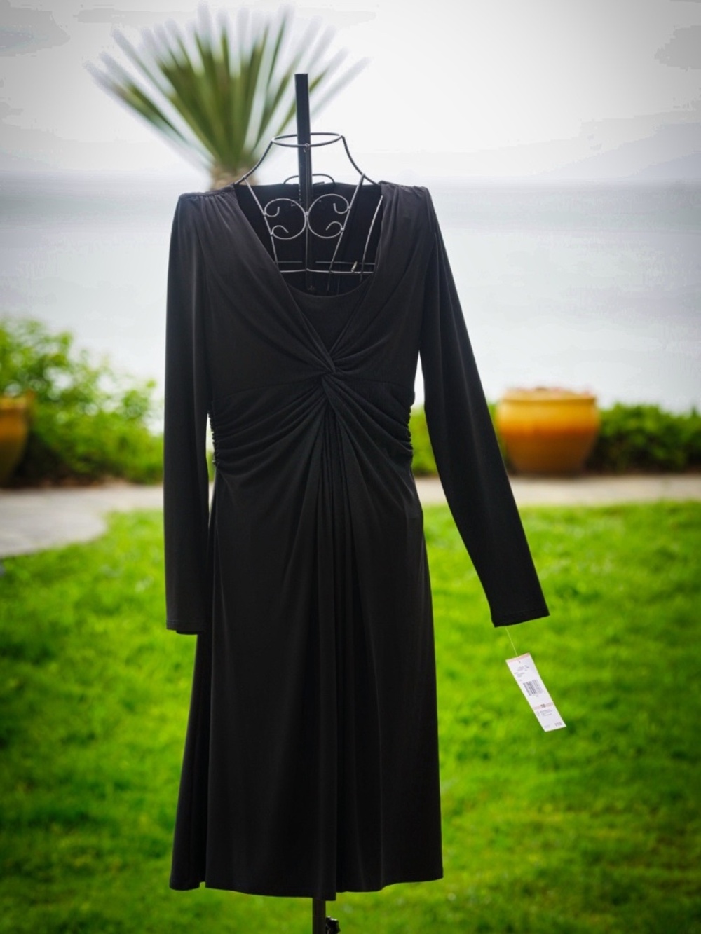Jones New York Black Twist Front Jersey Midi Dress Long Sleeve Size 10